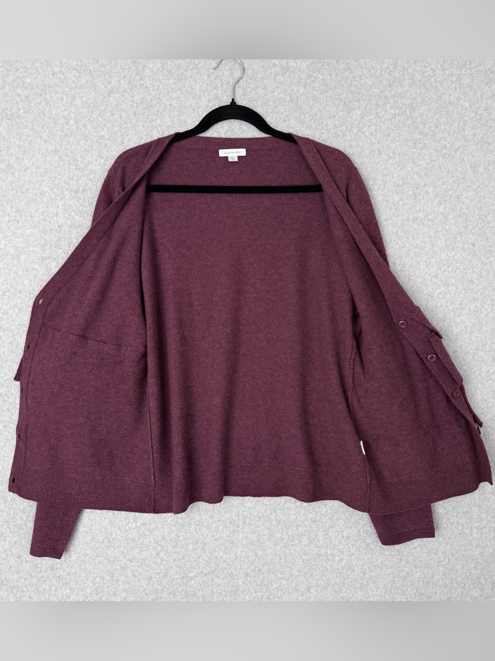Garnet Hill Cardigan Sweater Large Burgundy Purple Red Wool V-neck Ruffle Front - Picture 10 of 15
